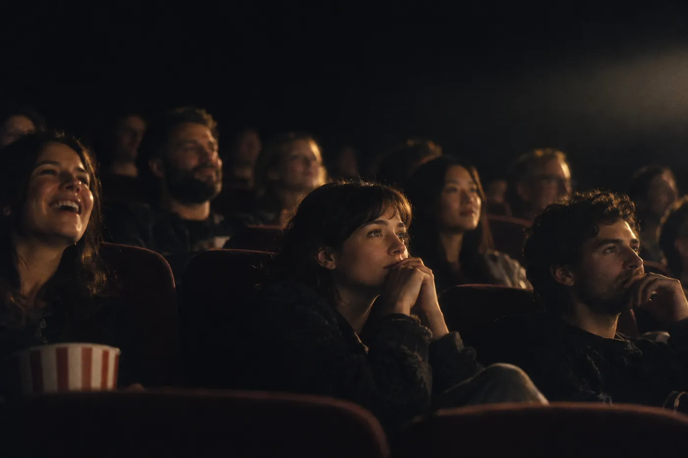 Penonton di bioskop yang gelap, wajah diterangi cahaya layar