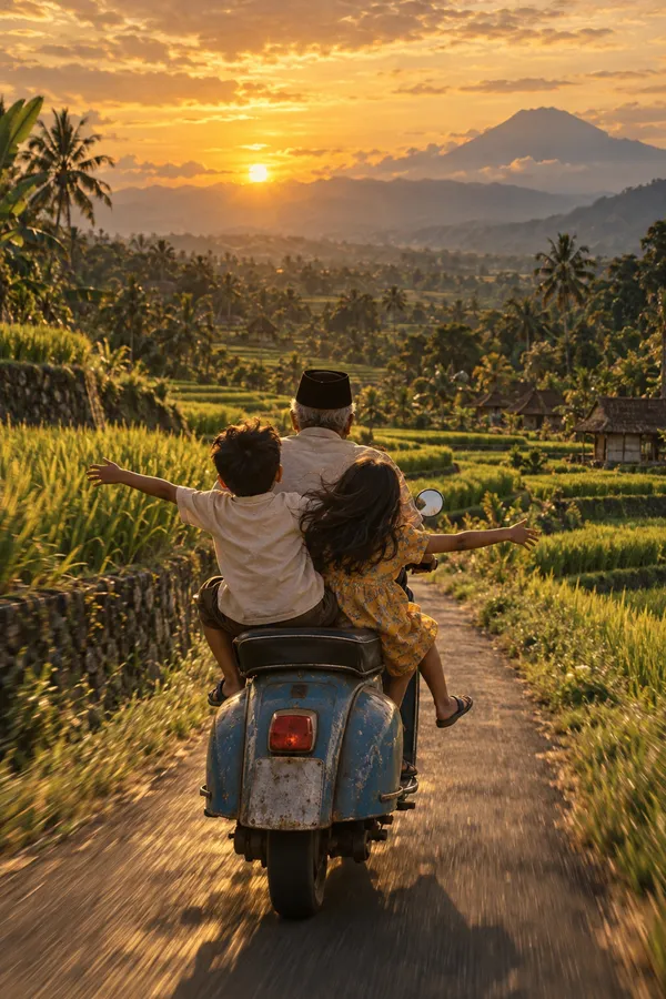 Poster contoh: dua anak dan kakek naik skuter di antara sawah
